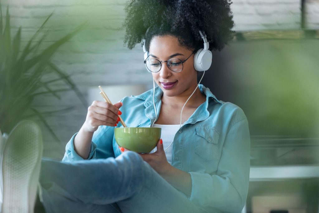 Woman listening to podcasts.