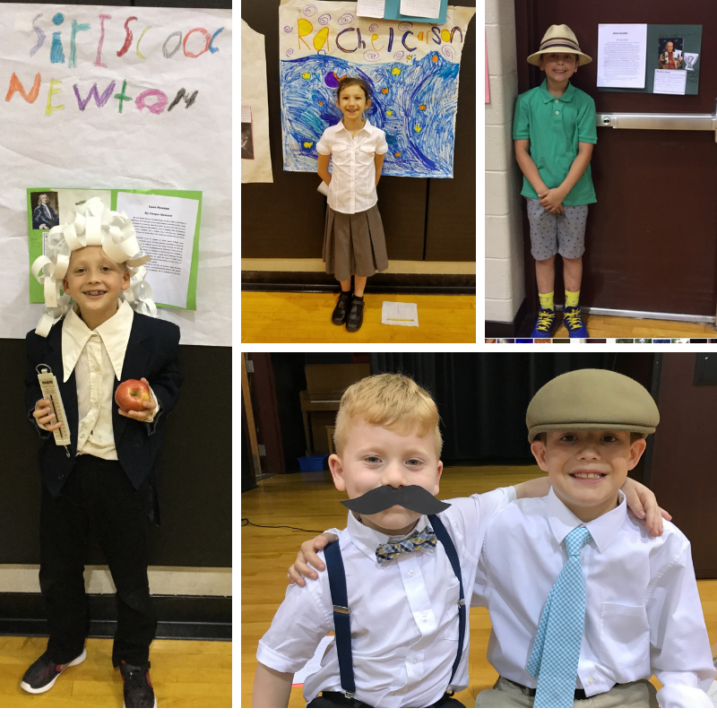 collage of children dressed as historical figures for wax museum classroom project