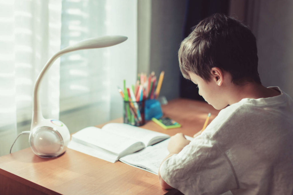 A young student develops good homework habits at his desk.