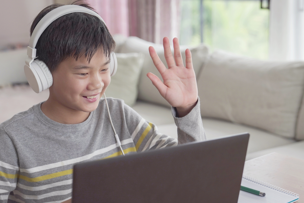 A boy raises his hand during a virtual class.