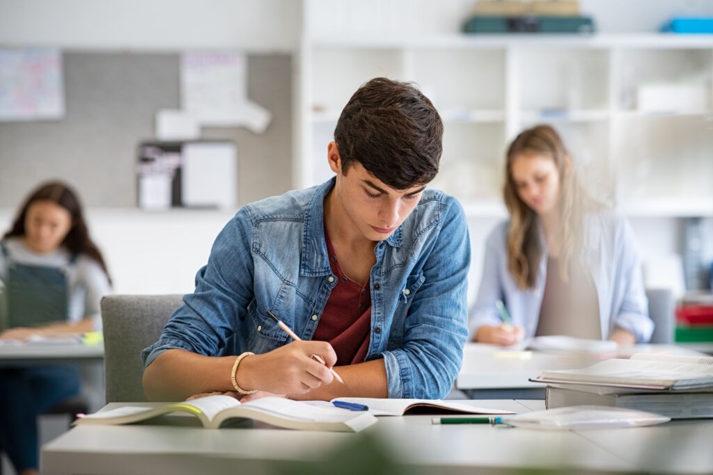 High school student working on a poetry exercise in class.