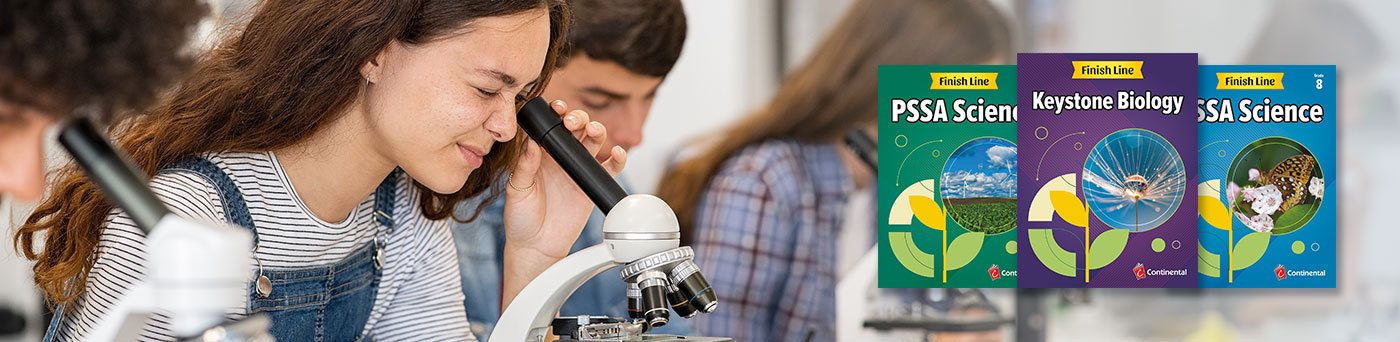 PSSA Science and Keystone Biology textbook advertisement with students looking into microscopes.
