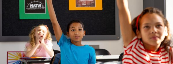 Student raising hand in classroom.